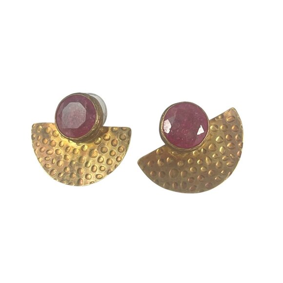 Hammered Brass Ruby Gemstone Statement Earrings - Picture 4 of 6